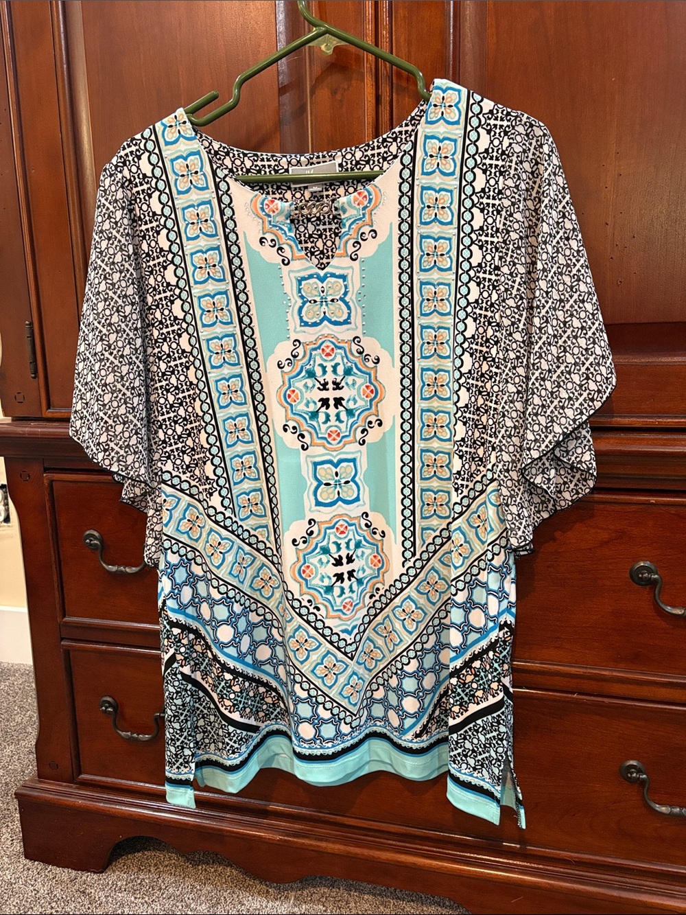 JM Collection Aqua and Black Tile-Print Flutter Tunic